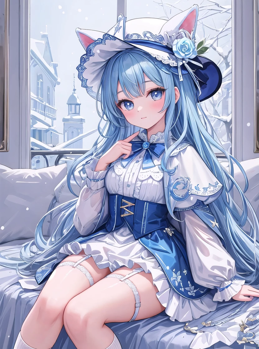 Exhibition illustration,Very detailed,Masterpieces,（high resolution:1.2,）One girl,Detailed eyes,Baby Face,Lori:1.2,Animal ears,long,Braid,Ice decoration,Aristocratic hat,Light blue clothes,Sapphire brooch,White Cape,mini skirt,Snow Embroidery,Large accessories:1.2,White knee-high socks,garter belt,Thigh