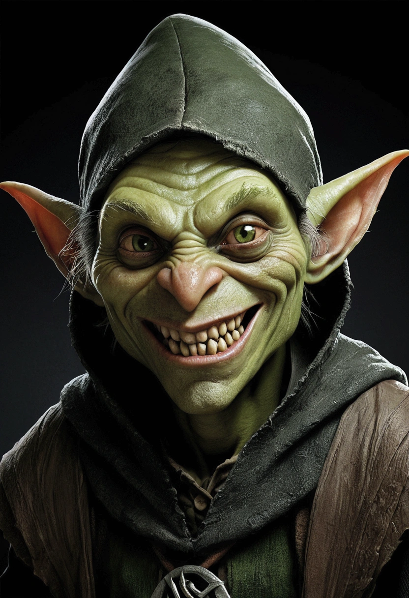 the sharp teeth are visible in mouth a smooth muddy smooth greyish green-skinned, sharp-toothed visible sharp tooth, roguish dressed, (roguish clothes, medieval clothes) with a black hood-up goblin sits in the shadows. The details of the goblin's black hood are visible, showing its worn nature. the clothes are worn and grey-black coloured. the greyish black clothes the goblin wears are worn. The green skin of the goblin is muted greyish and smooth the goblin is young, smooth skinned about 20 years old. The goblin is handsome, would be considered to have handsome features. On its face has visible sharp teeth with a friendly grin, the skin is muted green, (nice face, normal green nose, face of a magic adept, goblin face). while the goblin has sharp tooth the grin on its face is friendly. The lighting in the scene is dim, with a subtle glow casting eerie shadows on the goblin's face and surroundings. The overall image quality is of the highest standard, with ultra-detailed textures and a photorealistic rendering. The artwork is depicted in a medium that best showcases its unique style and texture, whether it be an illustration, oil painting, 3D rendering, or photography. The color palette is dominated by earthy tones, with a focus on various shades of green to complement the goblin's appearance.