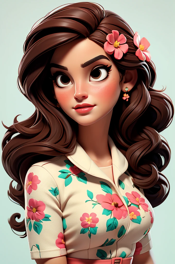 Lana Del Rey, flower dress, white background,, red lips,, pink pinup style, aqua black eyes, brown hair
