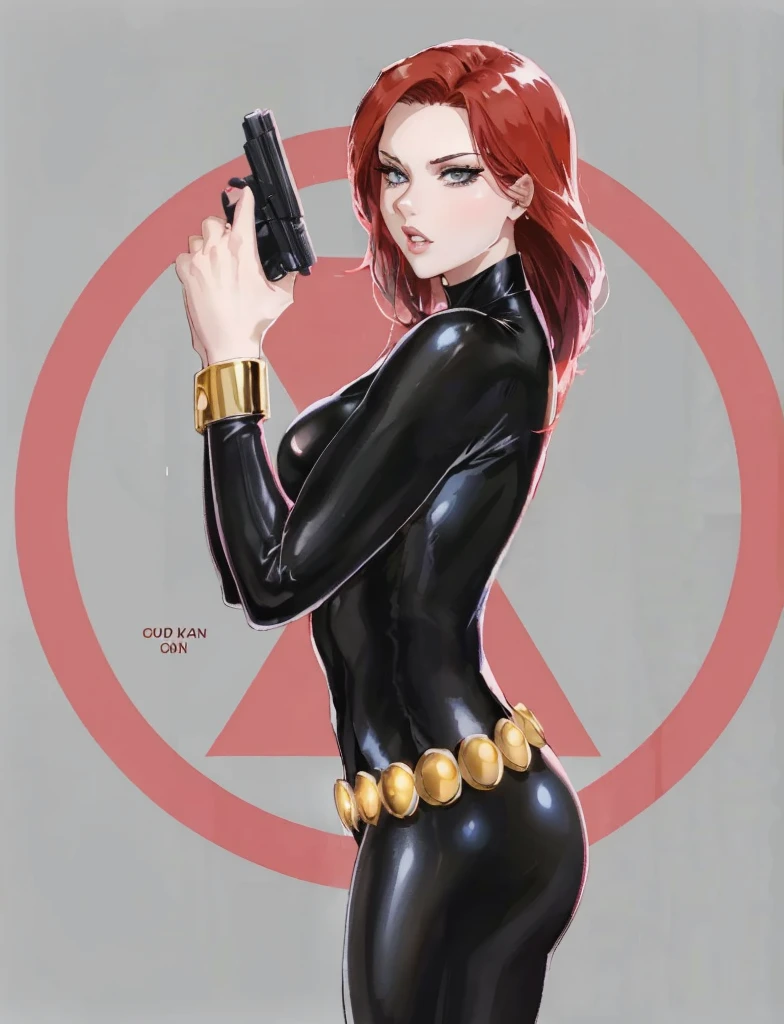 Black Widow, from the Marvel Comics universe. She is showcased in a sleek skin-tight shiny black latex bodysuit, a belt made of golden circles, and golden wrist guards. In her right hand, she is holding a gun. The ambiance divulges power, strength, and an impressive aura radiated by Black Widow.