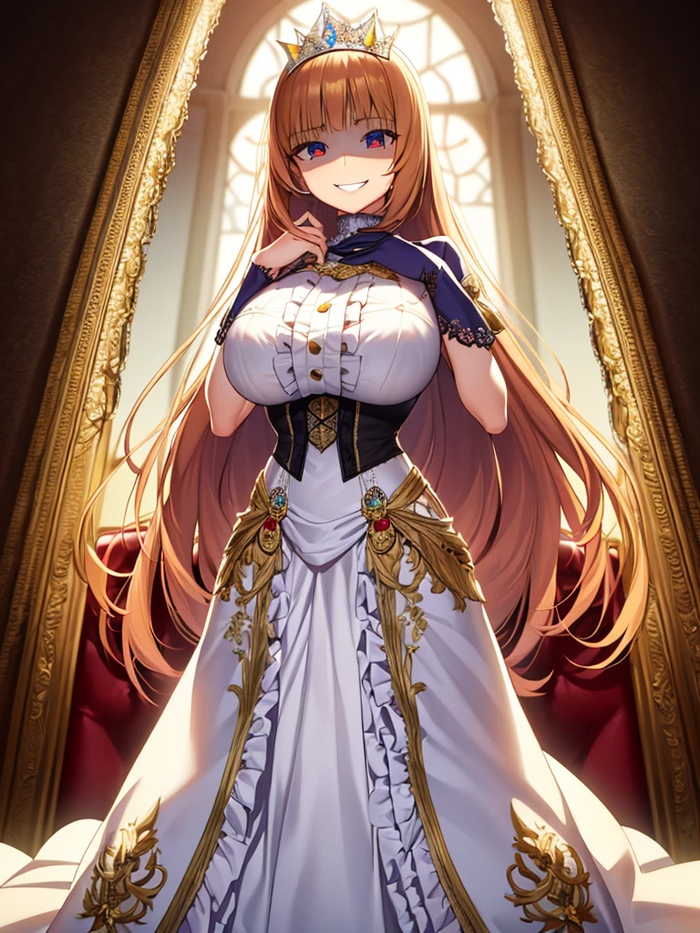 ((Anime art style)),(masterpiece),(Highest quality), (Very detailed),((Very delicate and beautiful)),((alone)),((whole body)),((1 princess in a gorgeous Victorian dress)),Lots of frills,Detailed face and eyes,Jewel-like eyes,((There is a volume and、Very long straight hair)),((Gorgeous embroidery and lace)),Gorgeous corsage,See through,gorgeous hair accessory,Gorgeous sparkling jewel tiara,Gorgeous frills,((Huge breasts,Long chest)),Skin dents,((whole body)),((Skirt of Hope,crinoline)),Standing pose,Dynamic Angle,Show Viewer,Royal Victoria Palace,(((A gorgeous Victorian dress with rich embroidery)),whole body,Big Breasts, Grin、With a creepy smile, A smile with downturned corners,View your audience, blush, Open your mouth,Please place your hand on your chest