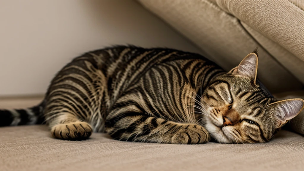 Very realistic animal photos,indoor,Home,night,Sense of atmosphere,An overhead shot of a cute tabby cat sleeping soundly with its belly turned upside down,Realistic animal hair,Capture cute pet tabby cat sleeping,female cat,