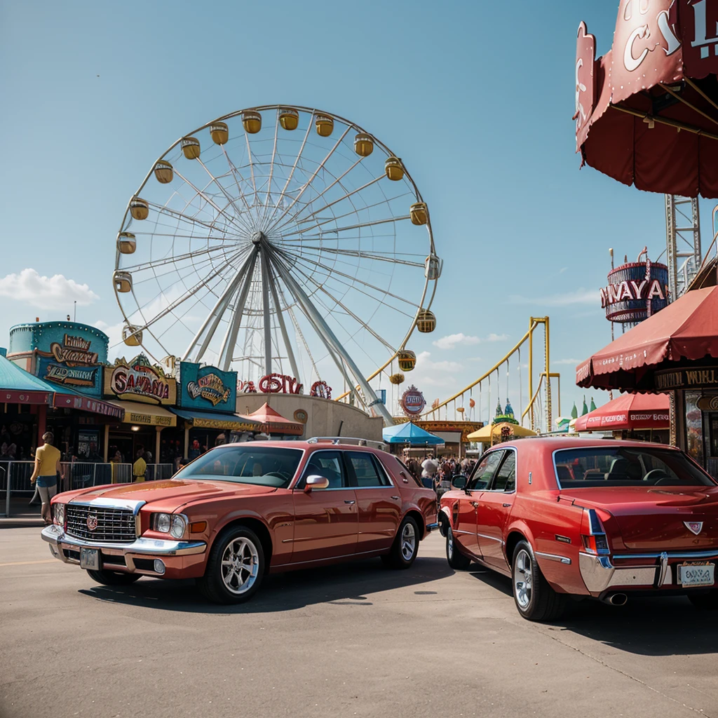A photo of three cars parked in front of Coney Island amusement park, with a rollercoaster and ferris wheel in the background. A red Cadillac with a black leather interior, another white station wagon, and one blue modern car. A yellow roller coaster is behind the cars. The cars have New York license plates on their rear doors. It is a sunny day with natural lighting and vibrant colors, shot in the style of Hasselblad camera