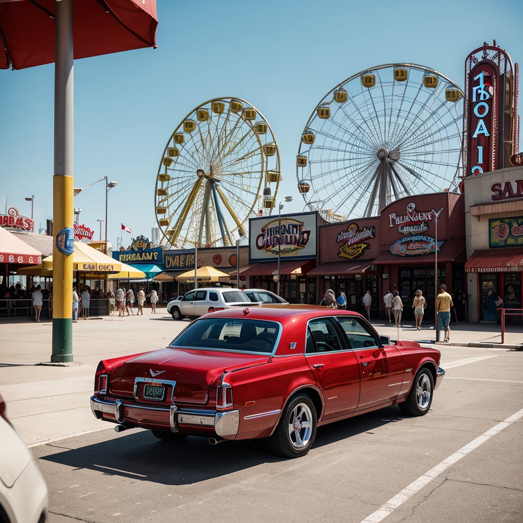 A photo of three cars parked in front of Coney Island amusement park, with a rollercoaster and ferris wheel in the background. A red Cadillac with a black leather interior, another white station wagon, and one blue modern car. A yellow roller coaster is behind the cars. The cars have New York license plates on their rear doors. It is a sunny day with natural lighting and vibrant colors, shot in the style of Hasselblad camera