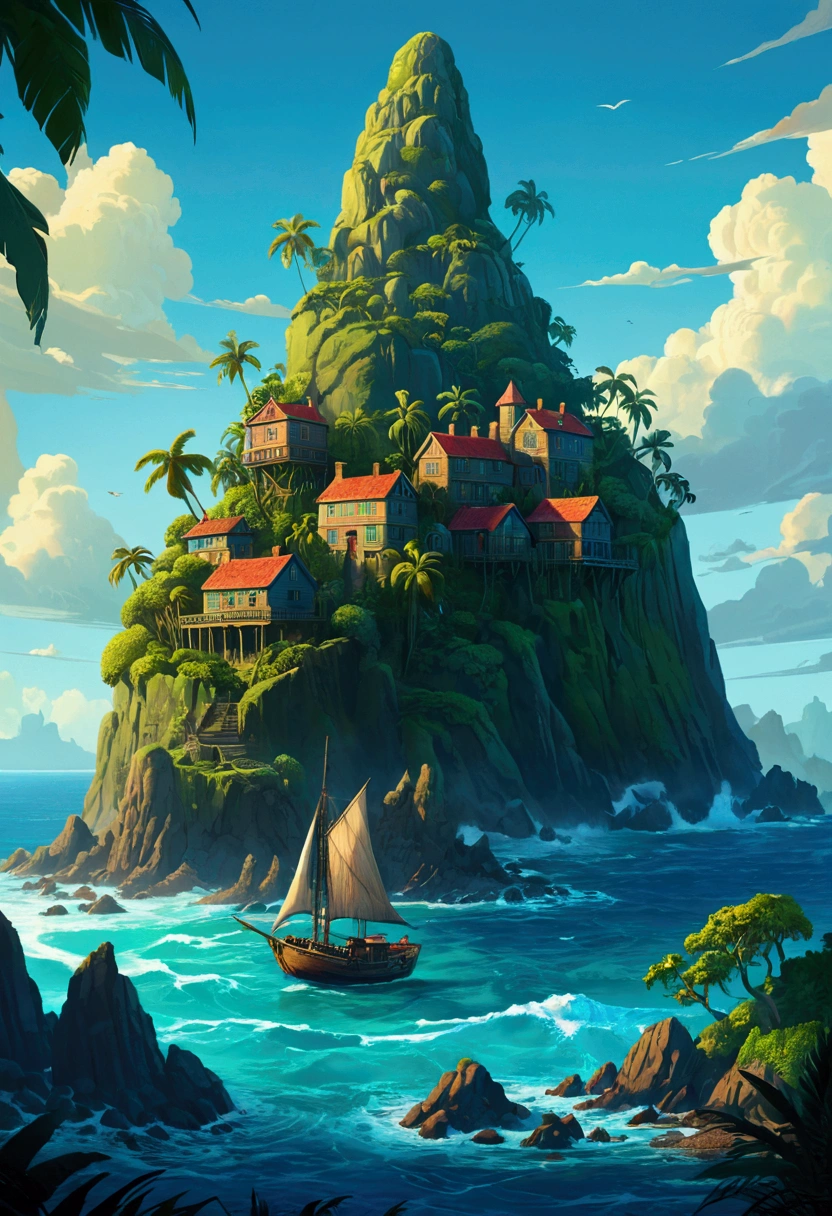 Mysterious Island, by Alexei antonov, cinematic still, (best quality, masterpiece), very aesthetic, perfect composition, intricate details, ultra-detailed, vivid colors