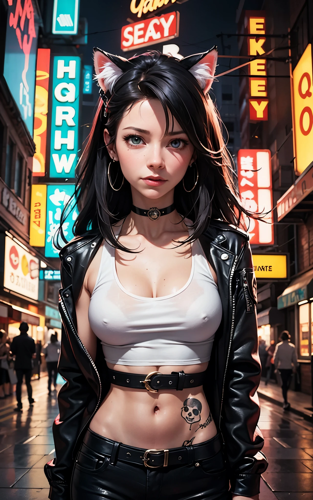(Evangeline Lilly) Digital illustration featuring a anthropomorphic feline+paws+claw+tail with a striking appearance set against a vibrant, neon-lit urban background. She has human face and black hair with a prominent white streak, styled in a modern. She has yellow eyes. Her skin is fair with a strong complexion, and she has distinct facial features including sharp eyebrows, amber-colored eyes. She wears cat ears on her head, adding a playful yet fierce element to her look. Her attire includes a black choker and a black jacket. A noticeable tattoo of a skull with a gear design is visible on her upper arm. The background is filled with colorful, blurred neon signs in various shapes and sizes, contributing to the cyberpunk aesthetic of the image.