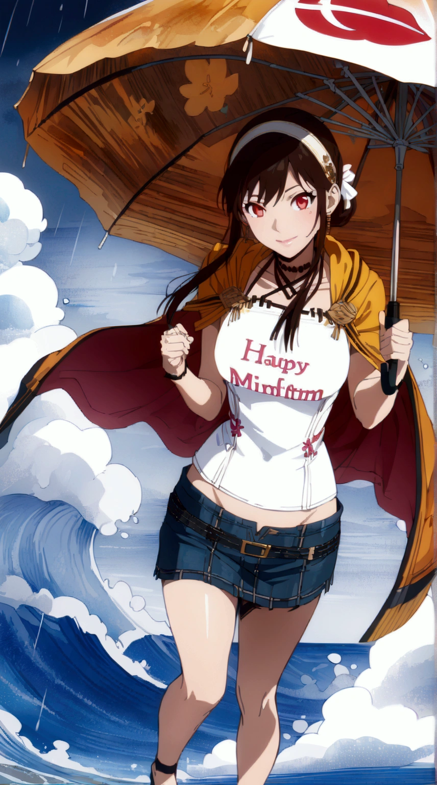 YorForger {black hair,red eyes,short hair with long locks, white hairband}, holding an umbrella at the beach on rainy day, anime style, beautiful detailed eyes, beautiful detailed lips, extremely detailed face, longeyelashes, 1girl, solo, full body, vivid colors, (masterpiece, best quality)