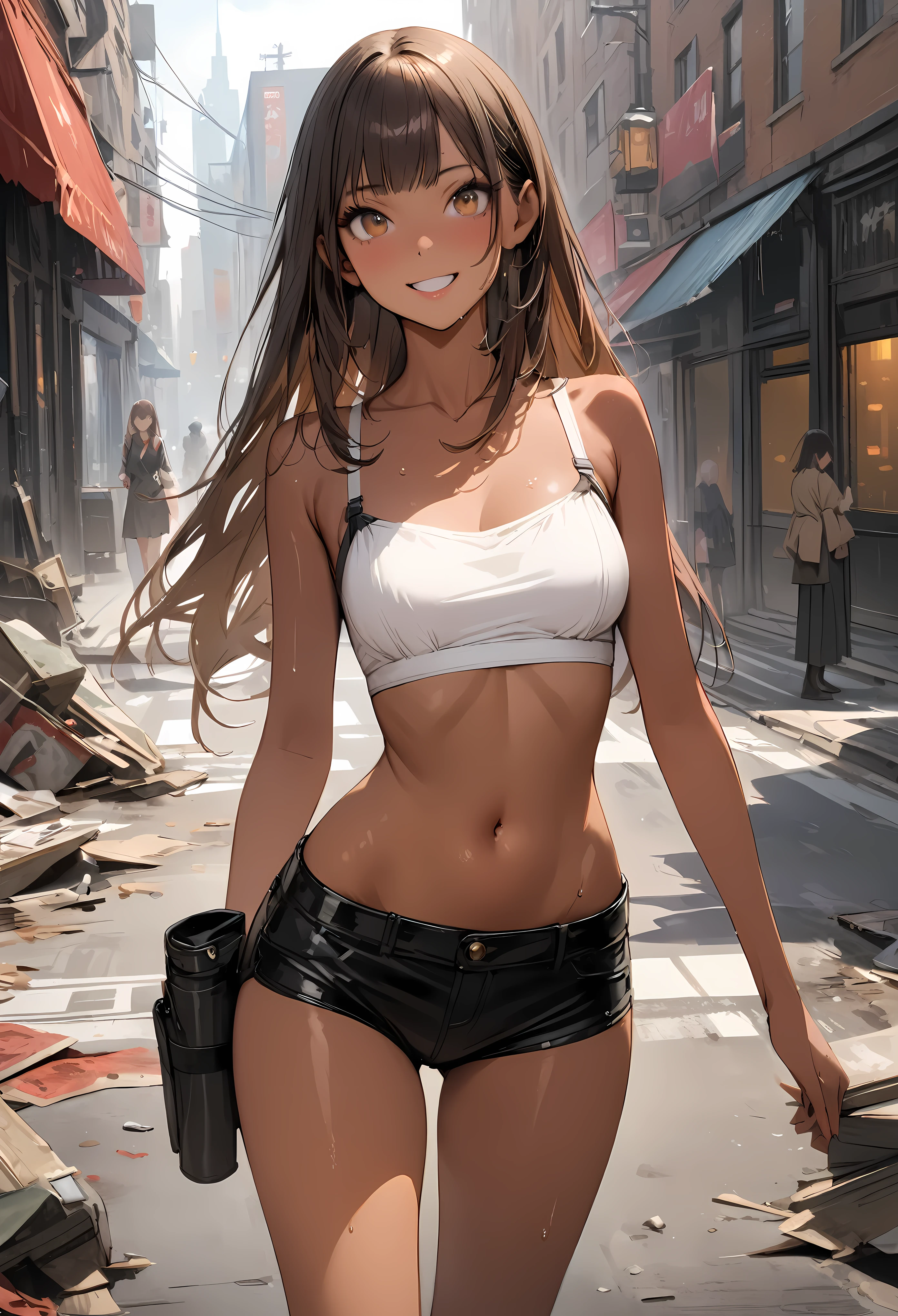 ((masterpiece,Highest quality:1.3,best quality illustration)),(realistic),cowboy shot,独奏,1woman,25 year old beauty,brown hair,ponytail hair,long hair,bangs,brown eyes,(gorgeous big eyes),shy,tears,((very small head:1.3)),((very long body:1.2,skinny)),((tan skin:1.4)),medium breasts,Black leather double rider jacket、White tube top shirt、navel,vagina,Leg Holster,sweat:1.3,peeing,gleaming skin,slender body,Back Alley、New York City、nsfw,