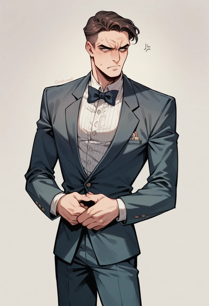 Annoyed man suit and tie, sad elegant woman, standing, short distance
