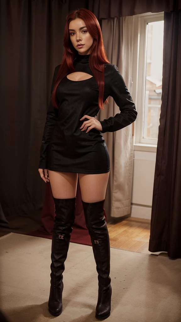 red dyed hair using black knee high suede boots. Black stockings. Black short dress. Instagram style photo, detailed face, UHD, front view, show full body, sexy pose