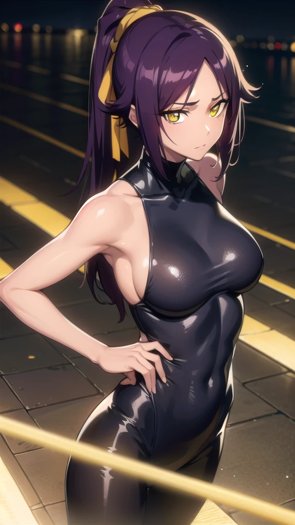 yoruichishihouin, Yoruichi Shihouin, long hair, (yellow eyes:1.5), ponytail, purple hair, black skin, 浅black skinの女性,
break bodysuit, black bodysuit, bare arms, bare shoulders, side boob,
break outdoors,
break looking at viewer, (cowboy shot:1.5),
break (masterpiece:1.2), highest quality, High resolution, unity 8k wallpaper, (figure:0.8), (detailed and beautiful eyes:1.6), highly detailed face, perfect lighting, Very detailed CG, (perfect hands, perfect anatomy),torn clothes、Clothes torn、Breasts fully visible、big areola