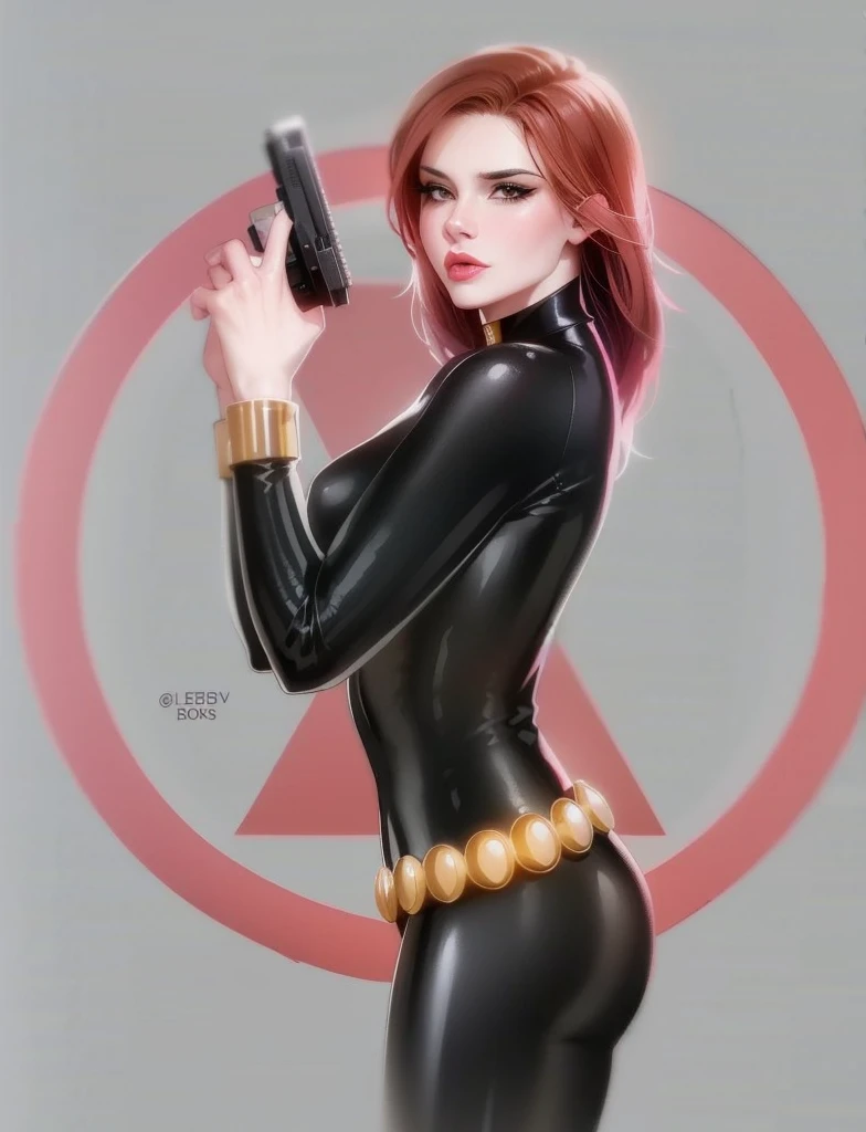  Black Widow, from the Marvel Comics universe. She is showcased in a sleek skin-tight shiny black latex bodysuit, a belt made of golden circles, and golden wrist guards. In her right hand, she is holding a gun. The ambiance divulges power, strength, and an impressive aura radiated by Black Widow.