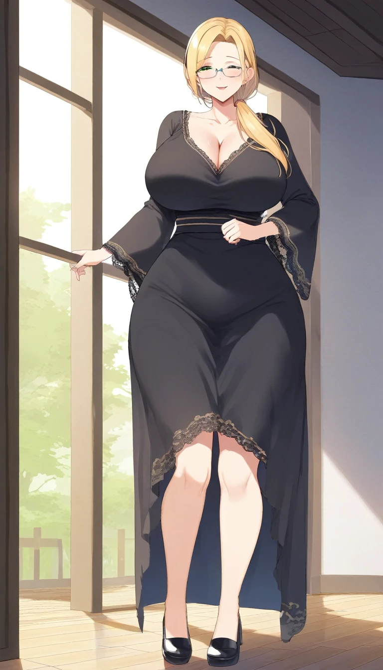 (over the shoulder pov), (Best quality: 1.5), (masterpiece: 1.5), (2.5D), (vivid colors), (1 character), (exaggerated proportions), (hentai), (perfect anatomy), (character in center), (absurd), (4k wallpaper), (eyes
detailed), (perfect hands), (perfect fingers), (beautiful skin), (glowing skin), (perfect shadows), (perfect lighting), (full body), (beautiful eyes), (masterpiece), (body voluptuous ), (pretty face), milf adult woman, blonde hair with a low and slightly disheveled ponytail, green eyes, wears glasses, wears a knee-length dress with long lace sleeves fitted at the waist and with a moderate V-neckline, cheerful and affectionate expression, mature milf face, huge breasts, huge thighs, huge butt, voluptuous body, good proportions, she is standing in the main room of a house with a broken television behind her