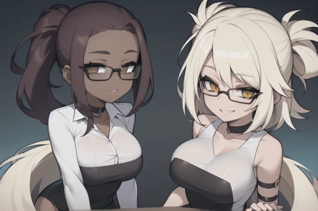 two sexy women looking at camera, flirtatious smiles, dark skin, office outfits, chokers, portrait, short curly white hair, glasses