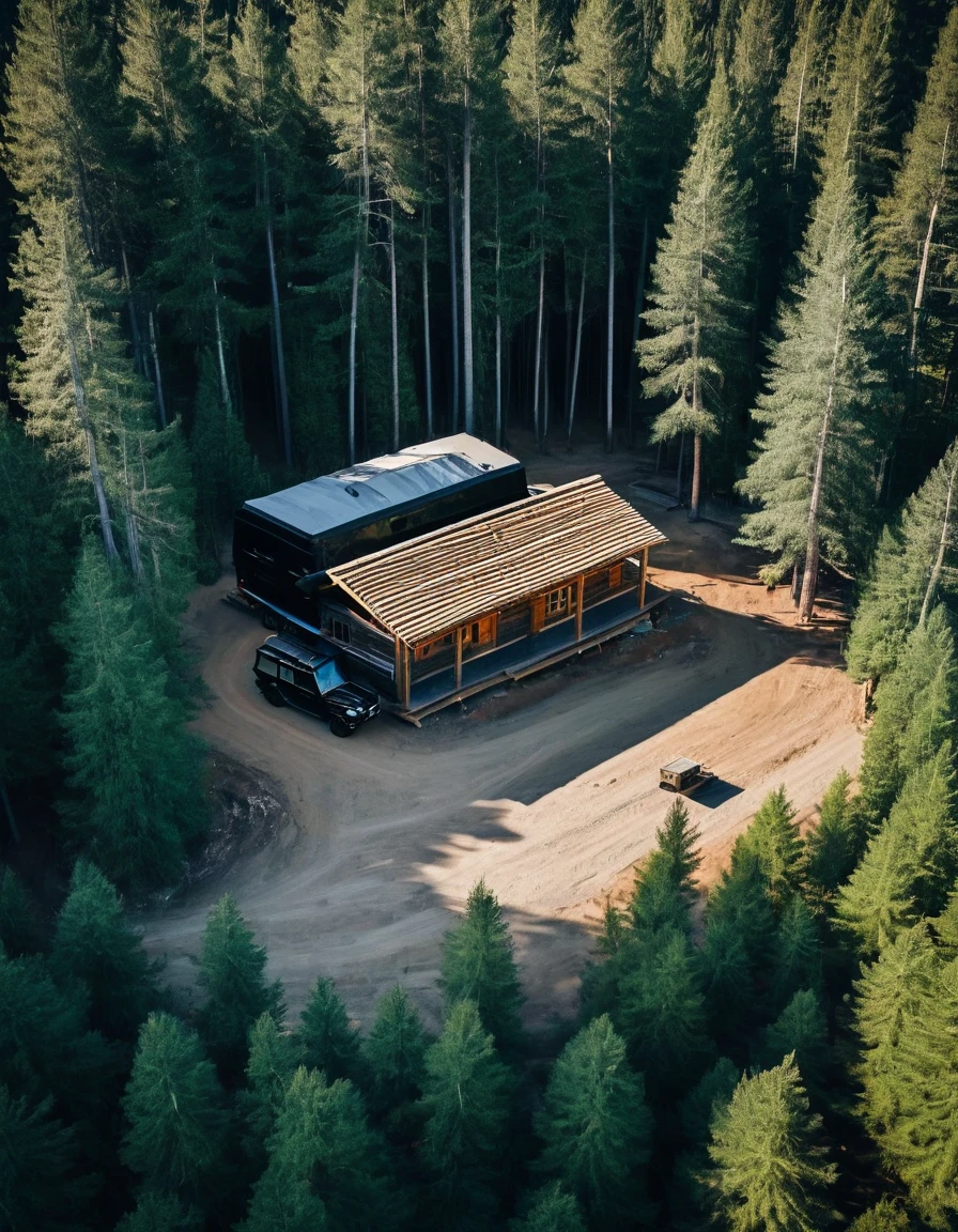 A black Mercedes G500 parked in front of an old log house, the forest around it is covered with pine trees and there's construction work being done on one side of the road, bird-eye view, shot from above, unsplash photography style, --ar 3:4 --s 750 --style raw --v 6.0