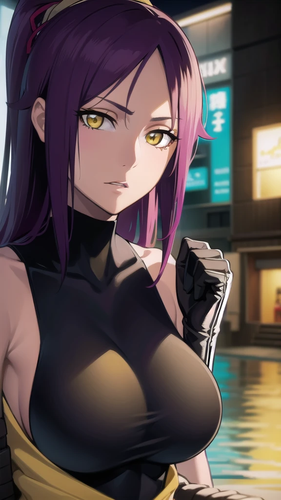 BREAK looking at viewer,BREAK (masterpiece:1.2), best quality, high resolution, unity 8k wallpaper, (illustration:0.8), (beautiful detailed eyes:1.6), extremely detailed face, perfect lighting, extremely detailed CG, (perfect hands, perfect anatomy),yoruichi shihouin, long hair, (yellow eyes:1.5),city,in street,night,lights,wet road,reflections,ponytail, purple hair, dark skin, dark-skinned female,
bodysuit, black bodysuit, bodysuit under clothes,sleeveless,sideboob,