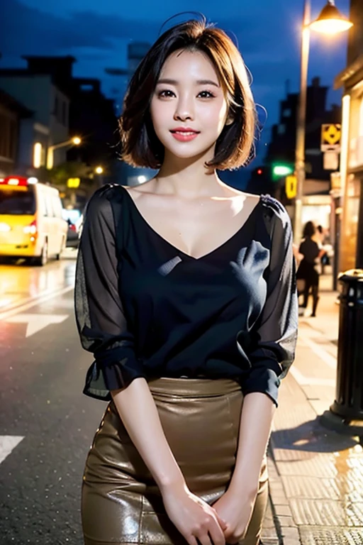 (a gorgeous young korean lady, detailed face with large expressive eyes, long eyelashes, symmetrical face, delicate features, ample  bosom, kind smile, short bob hair, wearing black top and short skirt, standing on city street, highly detailed, 8k, masterpiece, masterful lighting, cinematic composition, photorealistic, volumetric lighting, vibrant colors, elegant, graceful, charming, bokeh, the_cowboy_shot, lonely night)
