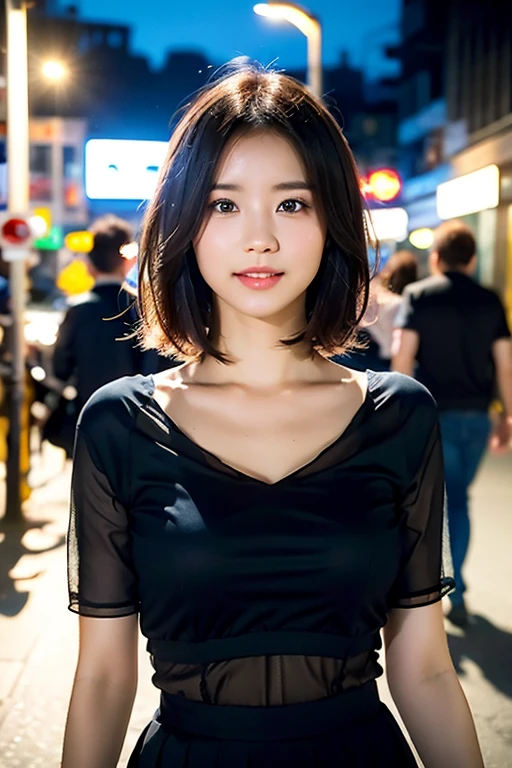 (a gorgeous young korean lady, detailed face with large expressive eyes, long eyelashes, symmetrical face, delicate features, ample  bosom, kind smile, short bob hair, wearing black top and short skirt, standing on city street, highly detailed, 8k, masterpiece, masterful lighting, cinematic composition, photorealistic, volumetric lighting, vibrant colors, elegant, graceful, charming, bokeh, the_cowboy_shot, lonely night)