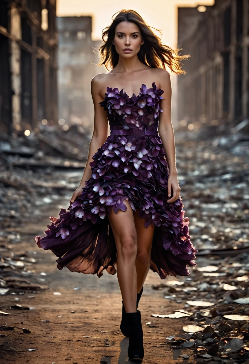 
A cinematic photo of a brunette fashion model wearing a magical lilal flower petal-made dress, as she strides confidently through a desolate, dark post-apocalyptic cityscape, capturing the stark juxtaposition of beauty and decay, with the model's flawless skin glowing like a beacon of hope amidst the ravaged urban landscape. photographed with a shallow depth of field to blur the bleak surroundings, emphasizing her striking, rebellious pose. full body, golden hour.