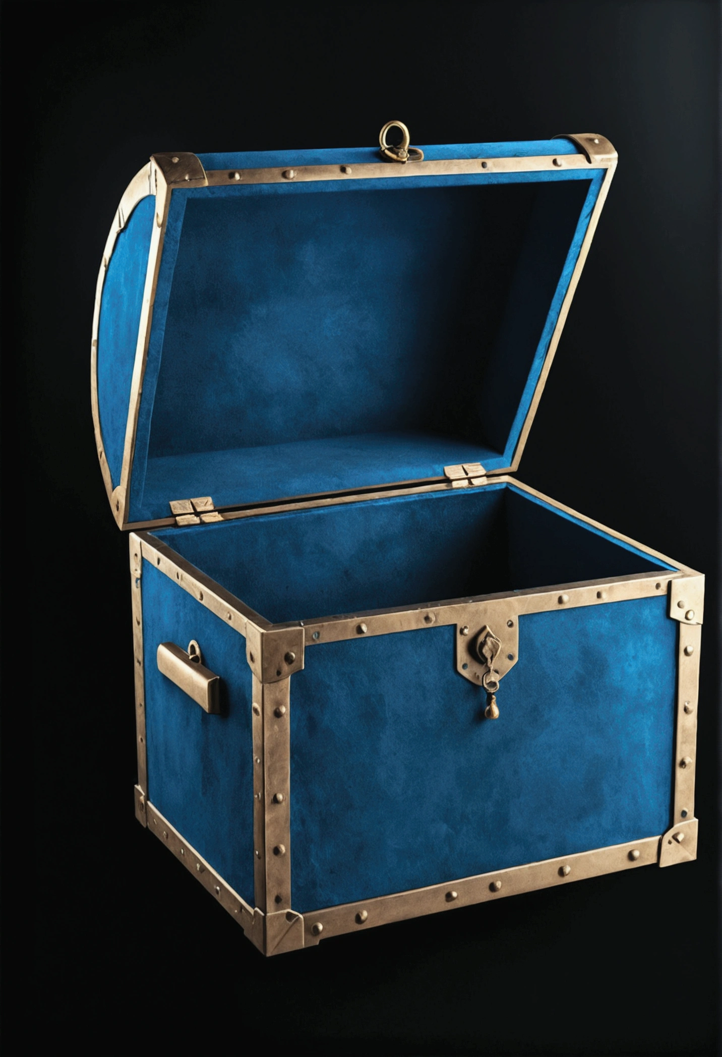Magic blue chest on the background, High-quality picture on an advertising poster, minimalism, black background