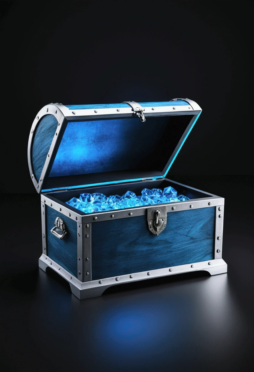 Magic blue chest on the background, High-quality picture on an advertising poster, minimalism, black background