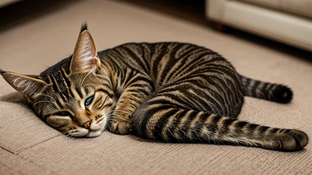 Very realistic animal photos，indoor，Home，night，Sense of atmosphere，An overhead shot of a cute tabby cat sleeping soundly with its legs in the air，Realistic animal hair，Capture cute pet tabby cat sleeping，female cat，