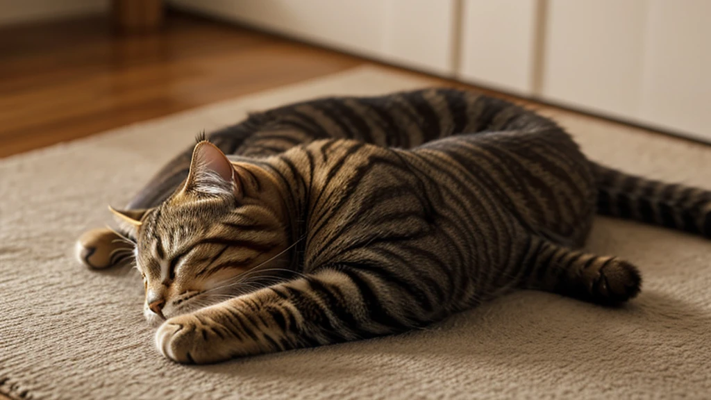 Very realistic animal photos,indoor,Home,night,Sense of atmosphere,An overhead shot of a cute tabby cat sleeping soundly with its legs in the air,Realistic animal hair,Capture cute pet tabby cat sleeping,female cat,