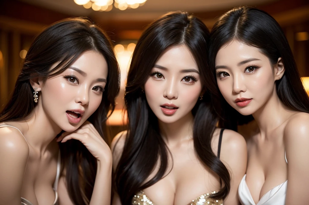 two sexy women in casino outfits who are wives of boy, looking at camera, opened mouths moaning, close up faces portrait