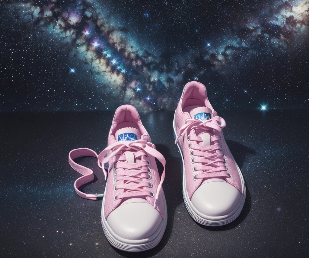 Background Image;poster;A pair of pink dancing shoes。With some golden ribbons。Pink tones,Low saturation,Golden background,Starry Sky。Background Image。Large area of white space。