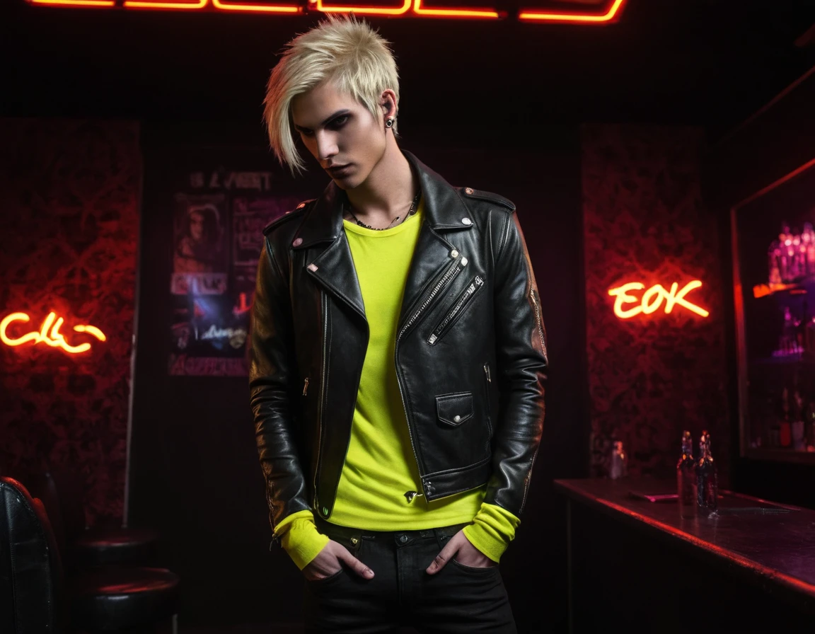 1 Caucasian white, male, young man handsome, model ((very skinny)), black yellow leather jacket, demon, incubus, short layered hair, blonde hair, strip club atmosphere, night club lighting, darkness, BDSM club background, full body, hunter eyes, gothic punk attire, heavy punk eyeshadow, evil, darkness, dark, realism, realistic, perfect realism, full 16k, masterpiece, sexy, neon light letters C N T X