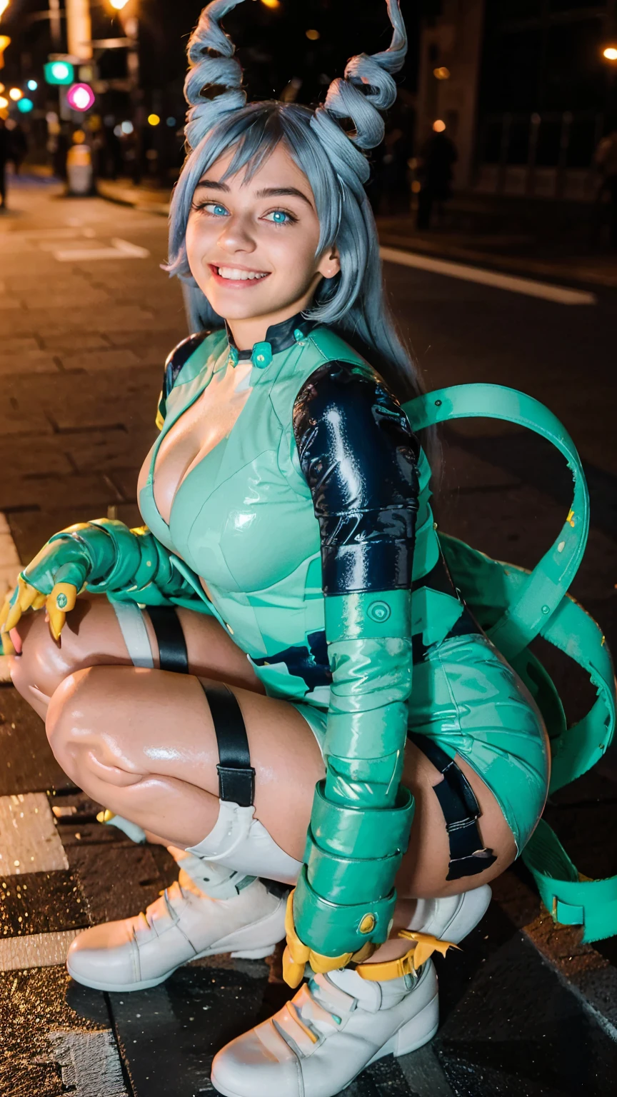 Masterpiece, Best quality, (photorealistic1.4), (UHD), (big ), (flashphoto), (flash photography), (cleavaropean model), (young woman), (JenniferConnelly90), (Tokyo Street), (epiCRealLife:1.0), (night time),  (Nejire latex bodysuit), 1girl, solo, long hair, blue eyes, (blue hair), (hair bangs), (drill hair, twin drills), (Nejire Hairstyle), hair horns, very long hair , light blue hair, (Nejire Yellow gloves), (look at viewers),  (Nejire smile), (squat poses)
