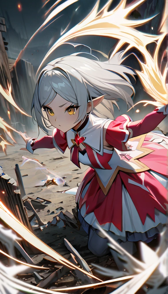 Portraiture, Long Hair, Gray Hair, Golden Eyes,  One girl, head, face, Magical girl, Absurd, masterpiece, highest quality, Magical girl costume, ((mahou shoujo)), short hair, Devastation, Remains, Dynamic pose, Apocalypse, Spell casting, Style-Glass, Full Body Shot