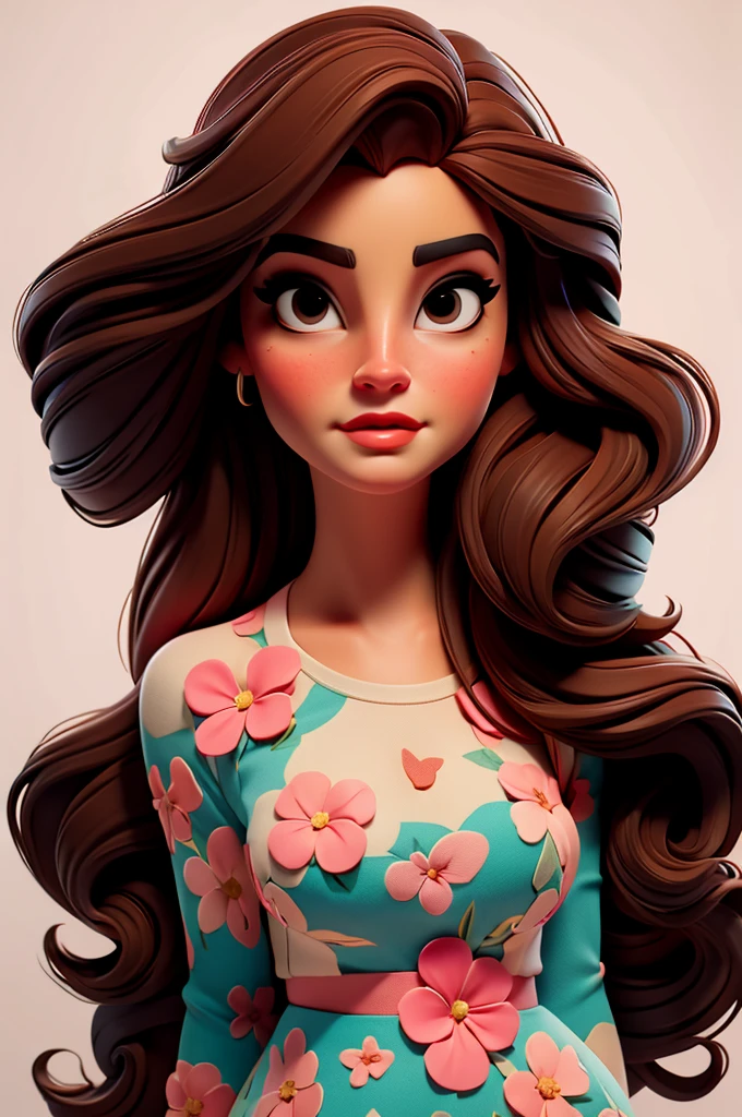 Lana Del Rey, flower dress, white background,, red lips,, pink pinup style, aqua black eyes, brown hair
