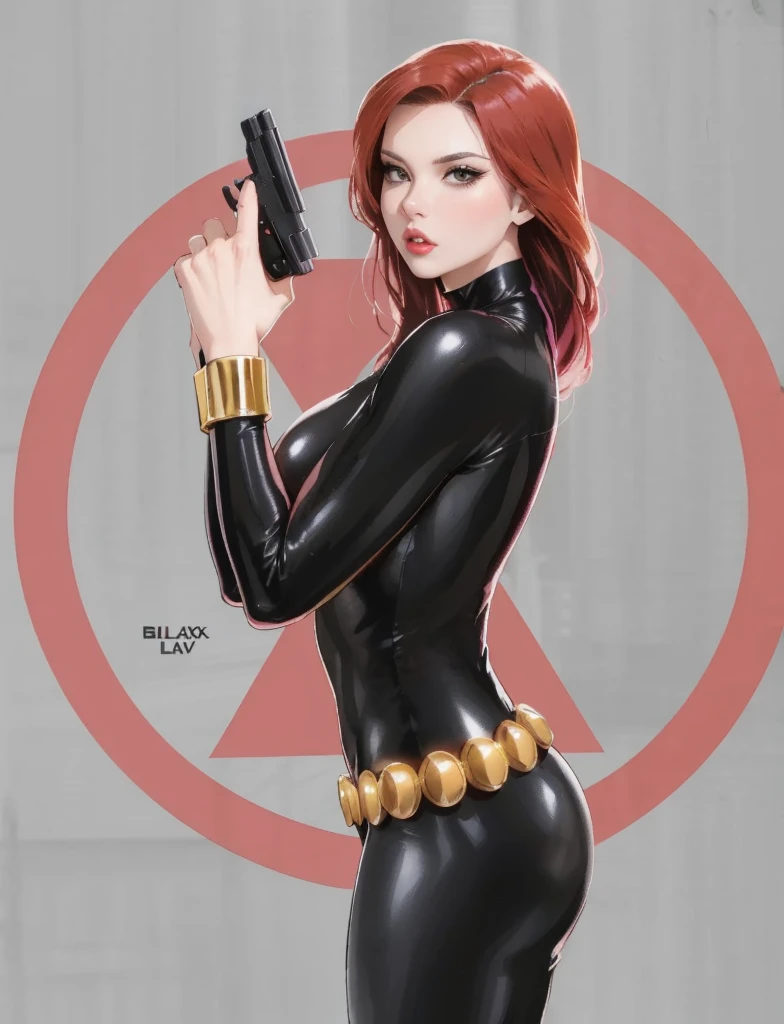  Black Widow, from the Marvel Comics universe. She is showcased in a sleek skin-tight shiny black latex bodysuit, a belt made of golden circles, and golden wrist guards. In her right hand, she is holding a gun. The ambiance divulges power, strength, and an impressive aura radiated by Black Widow.