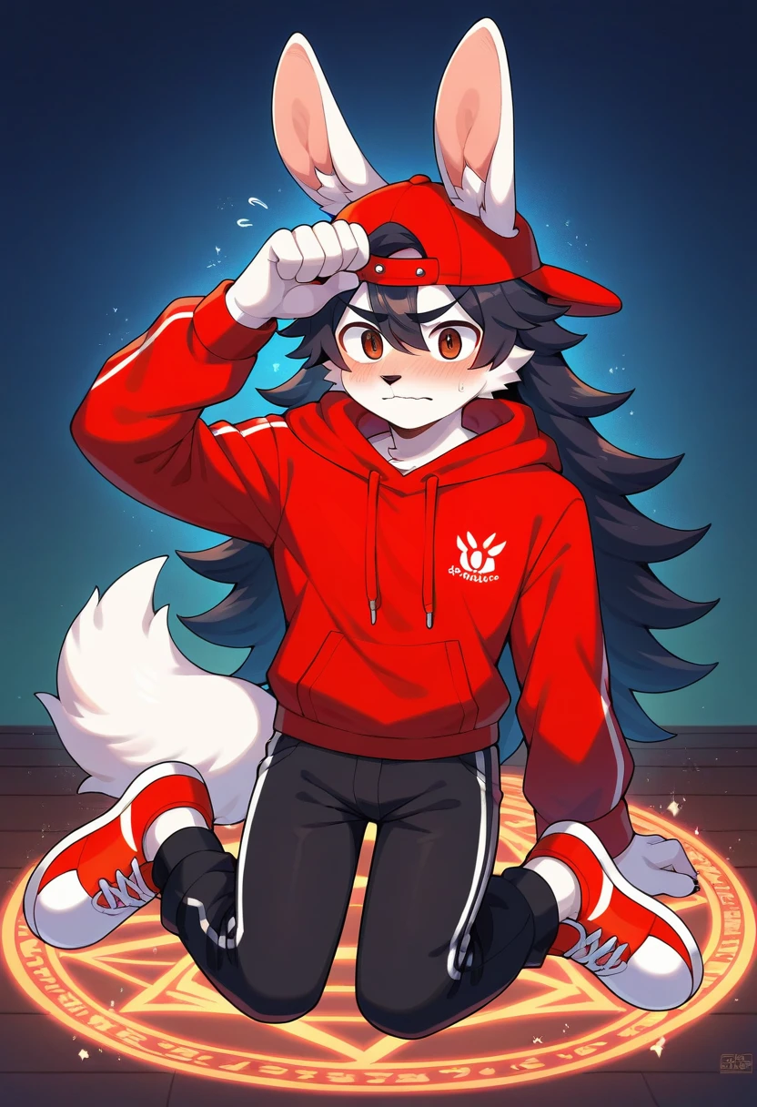 masterpiece, best quality, expressive eyes, perfect face, a man get transformed into a furry bunny, furry bunny, white fur, bunny tail, bunny ears, solo, surpriced, blushed, black hair, long hair, red baseball cap, black shirt, red hoodie, black sports pants, red sport shoes, brown eyes, full body, in a magic maze, glitter, embarrassed pose, magic circle on the floor.