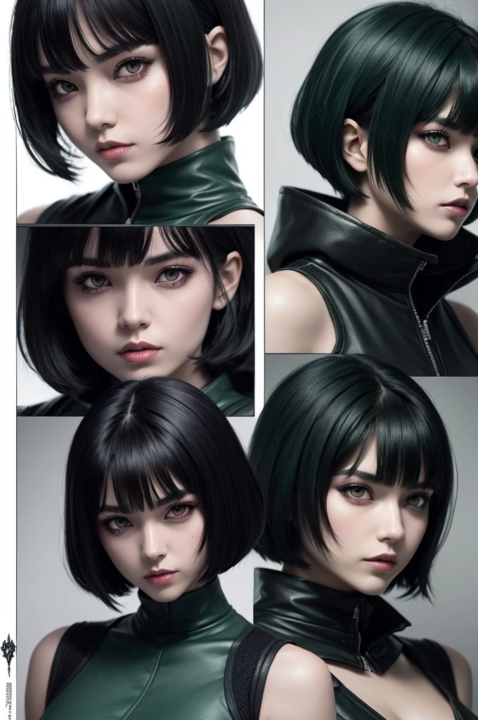 Female demon slayer comic book style character, short black hair, dark green hair with bangs, with black and white eyes