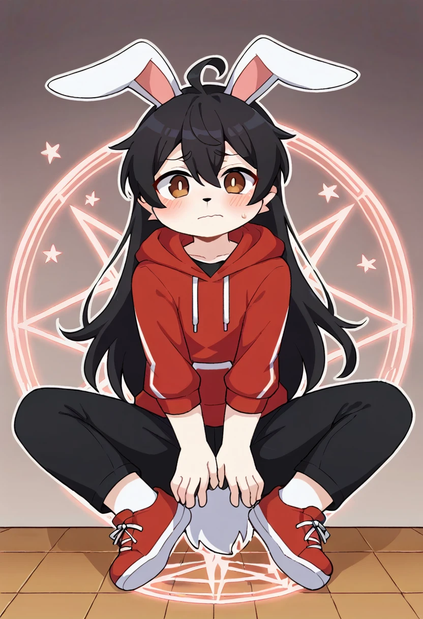 masterpiece, best quality, expressive eyes, perfect face, a man get transformed into a furry bunny, furry bunny, white fur, bunny tail, bunny ears, solo, surpriced, blushed, black hair, long hair, red baseball cap, black shirt, red hoodie, black sports pants, red sport shoes, brown eyes, full body, in a magic maze, glitter, embarrassed pose, magic circle on the floor.