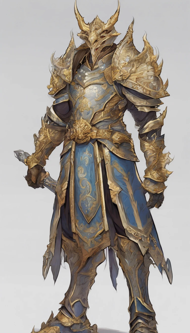 Motion concept character art on white background. dnd. A giant half-blue dragon warlord powerful warrior. Character has perfect body proportions, tall, slim, and muscular. Character wears ornate silver full body armor with a lot of intricate details and gold metal decoration. Background is blank --ar 9:13--v 6.0 .