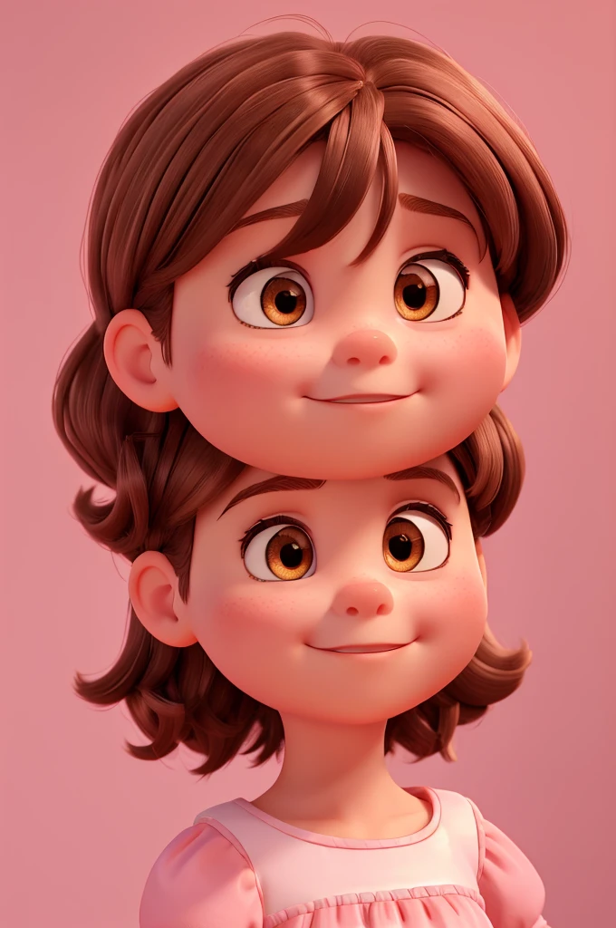 a 4 year old, brown hair with bangs, medium cheeks, eyes browns, wearing a pink dress, Background transparent, Pixar-style, ....3d, Cartoon s, face detailed, asymmetric 16k