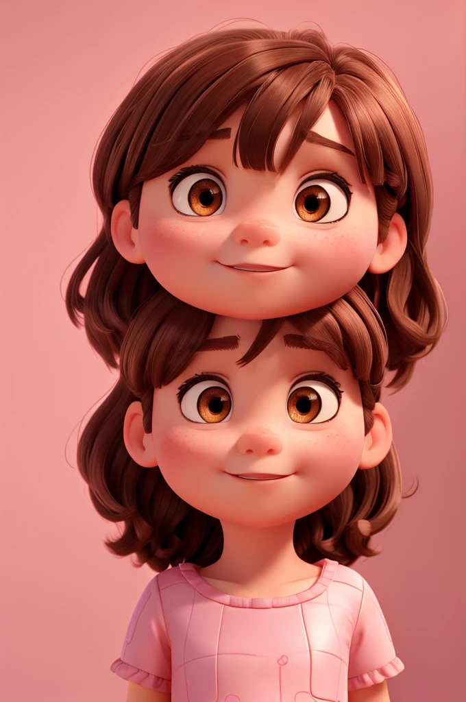 a 4 year old, brown hair with bangs, medium cheeks, eyes browns, wearing a pink dress, Background transparent, Pixar-style, ....3d, Cartoon s, face detailed, asymmetric 16k