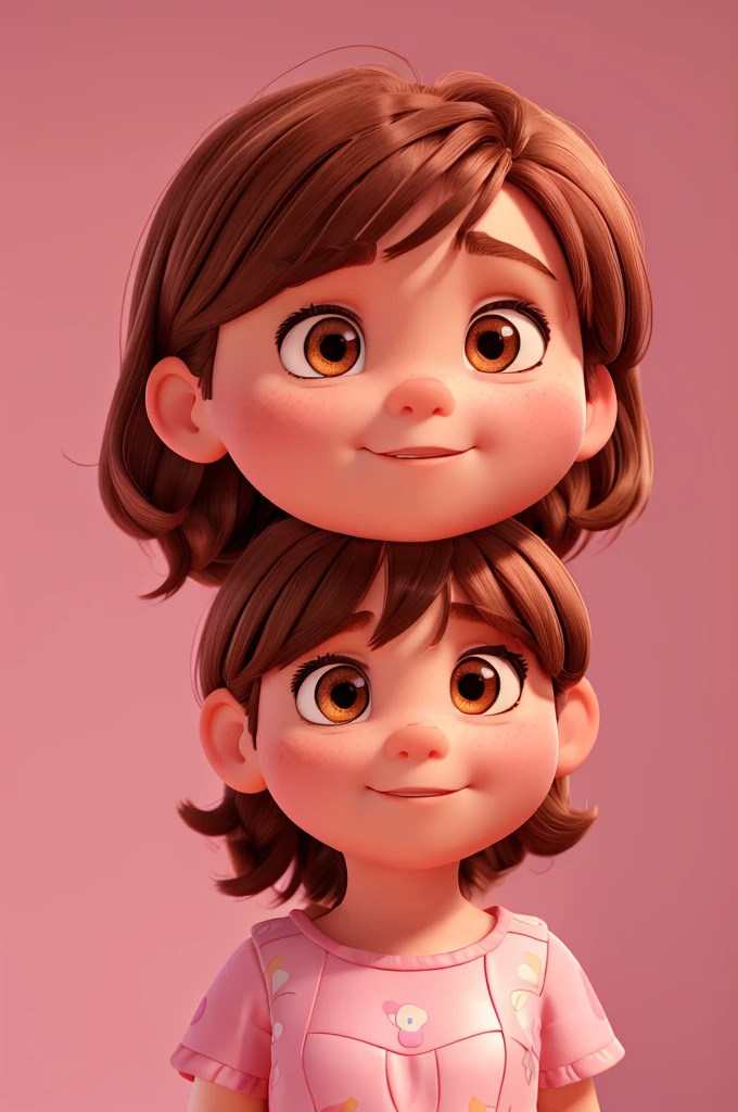 a 4 year old, brown hair with bangs, medium cheeks, eyes browns, wearing a pink dress, Background transparent, Pixar-style, ....3d, Cartoon s, face detailed, asymmetric 16k