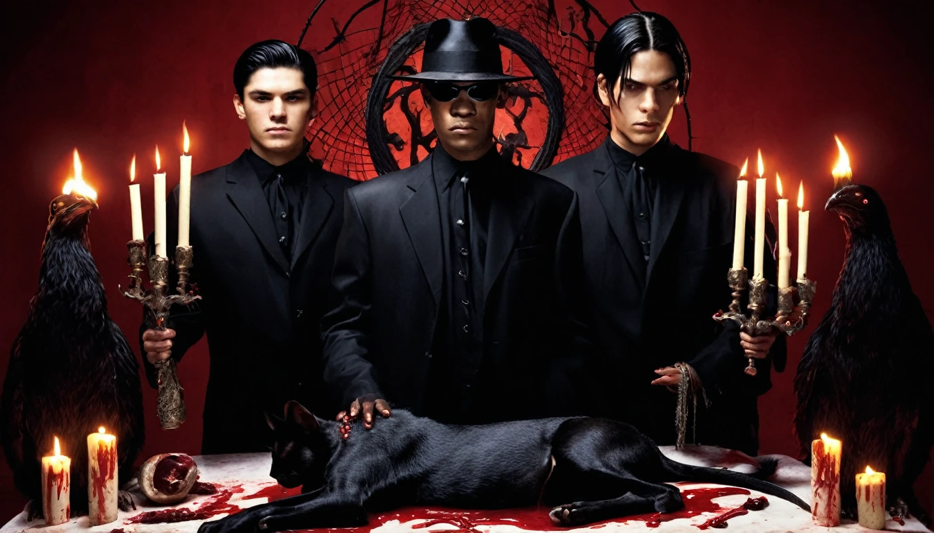 three 20 year old MEN in black clothes, sacrificing animals with Blood, candles, voodoo, clear and ultra realistic image