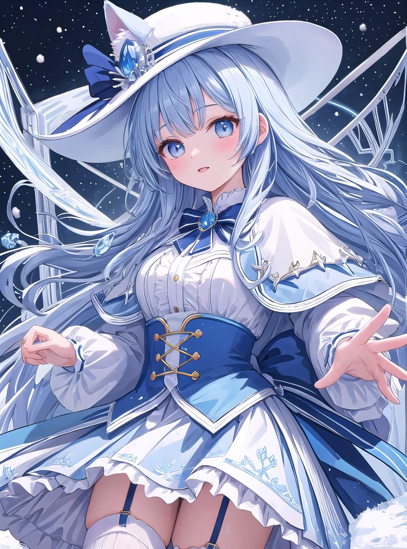 Exhibition illustration,Very detailed,Masterpieces,（high resolution:1.2,）One girl,Detailed eyes,,Lori:1.2,Animal ears,long,Braid,Ice decoration,Aristocratic hat,Light blue clothes,Sapphire brooch:1.2,White Cape,mini skirt,Snow Embroidery,Large accessories:1.2,White knee-high socks,garter belt,Thigh