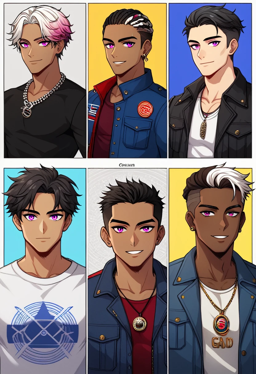 (best quality:1.1),original, 1man, A handsome man with dark skin, African American man with natural black hair with white highlights , magenta eyes, dressed in blue urban clothes(fancy jacket, designer shirt and goldem necklace), cartoon, faded haircut, masculine braids, anime illustrations, style is abstract beauty, Sundaratang, mixed patterns, close-ups, charming character illustrations, folklore --ar 2:3 --v 6
