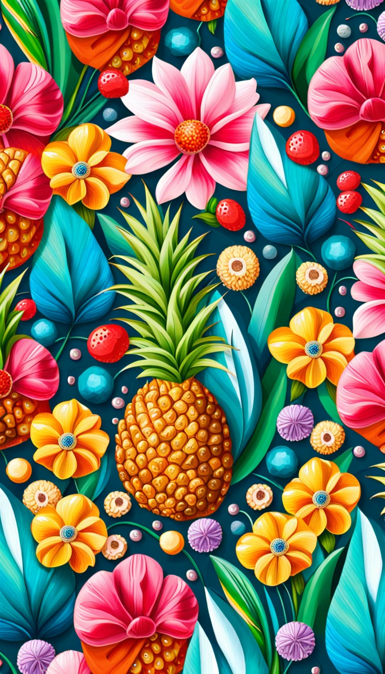 Seas of ((Colourful SUMMER VIBES FLOWER AND FRUIT)) MILLION SMALL ((YELLOW PINEAPPLE, BLUE BUTTERFLY)) In the (PINK LIGHT COLOR BACKGROUND:2.5) — ocean breeze, sun-bleached driftwood, and a touch of salty sea air. ((WHITE FLOWER)) colourful BERRIES, ((YELLOW SMALL STARS)) FRUITs, ((COLORFUL FRUIT)), ((GREEN LEAFY FLORA)), (strawberry), BLUE rose, cherry || (embroidery) seamless pattern, fruit, FRUIT, diamond, pearls, Best quality, masterpiece, ultra high res, (photo realistic:1.4), surrealism, dream-like, ((abstract art)), vector arts, FRUIT, tulips, magnolia, lily rose ((FLOWER, DIAMOND, PEARLS)) a close up of a PINEAPPLE pattern, PINEAPPLE wallpaper, ornate PINEAPPLE, PINEAPPLE pattern, PINEAPPLE explosion, PINEAPPLE! intricate, PINEAPPLE PINEAPPLE, FRUITs colourful, chinoiserie pattern, VECTOR wallpaper, PINEAPPLE renewal, with colourful FRUIT and plants, PINEAPPLE dream, garden FRUITs pattern, PINEAPPLE patterned skin, PINEAPPLE design, PINEAPPLE motives, boho PINEAPPLE vines, (8k, RAW photo, best quality, masterpiece:1.2, Sharp image, vector)