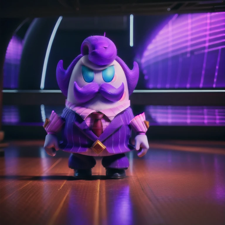 haltmann, purple hair, purple mustache, arms and hands, wearing a dark blue suit with pink vertical lining, pink shirt, red tie, black shoes, gold suit button with a red diamond, pale purple hands, pink wrists, pale purple, blue eyes, golden earpiece with antenna, in an office, it's walking