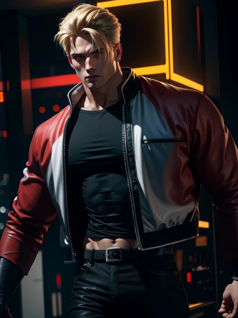 25-year-old man, alone, alone, athletic, muscular, blonde hair, red jacket, black t-shirt, black belt and black pants, black exercise gloves, annoyed look, expelling great blue power, cinematic, ultra-sharp focus, award winning photography, perfect contrast, high sharpness, depth of field, ultra detailed photography, global illumination, fluid, ultra high definition, 8k, Unreal Engine 5, ultra sharp focus, award winning photography, art station trends