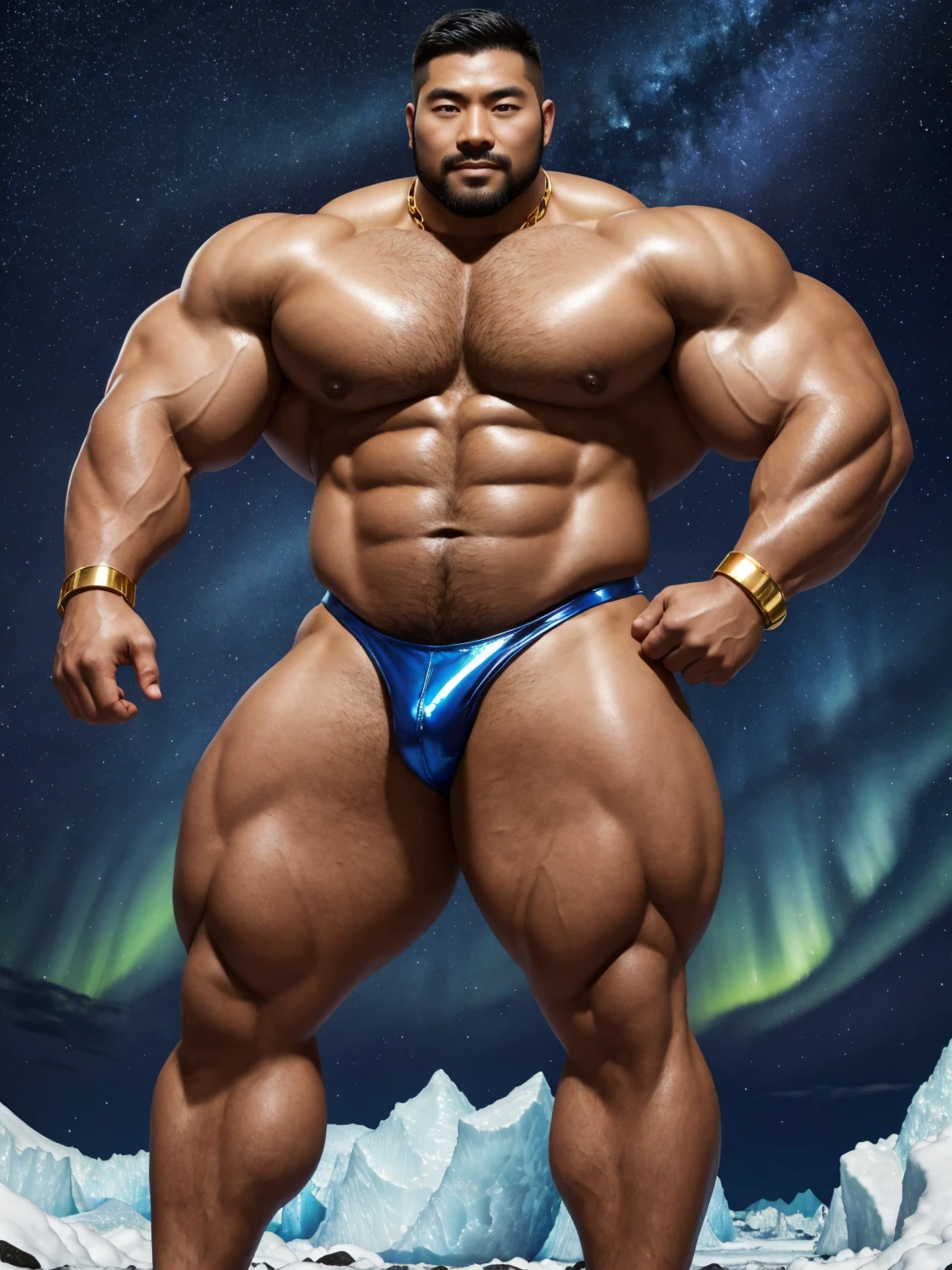 There is only one handsome Chinese man in the photo,35 years old,tall, Fitness,Smooth body,Smooth skin,No chest hair,short hair, O-Shaped Beard,Perfect body, Dark skin color,Radiant Skin,Smooth skin,Shiny, shiny skin,Smooth pectoral muscles,Muscle bulge, muscular, Very large pectoral muscles,Very sexy abdominal muscles,Very well-developed leg muscles,Huge concave and convex area,Brightens oily skin,Wearing a shiny gold leather thong,Handsome face,Normal human toes,Correct and accurate male body proportions,Gold Collar,Gold bracelet,Gold anklets,Stand on a glacier,Night sky,A sky full of stars,There are auroras,Colorful,Charming dream scene,Epic。