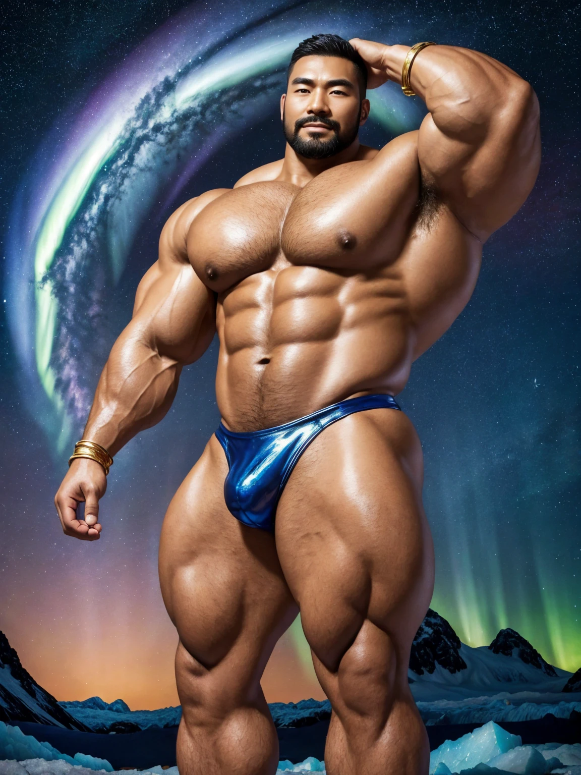 There is only one handsome Chinese man in the photo,35 years old,tall, Fitness,Smooth body,Smooth skin,No chest hair,short hair, O-Shaped Beard,Perfect body, Dark skin color,Radiant Skin,Smooth skin,Shiny, shiny skin,Smooth pectoral muscles,Muscle bulge, muscular, Very large pectoral muscles,Very sexy abdominal muscles,Very well-developed leg muscles,Huge concave and convex area,Brightens oily skin,Wearing a shiny gold leather thong,Handsome face,Normal human toes,Correct and accurate male body proportions,Gold Collar,Gold bracelet,Gold anklets,Stand on a glacier,Night sky,A sky full of stars,There are auroras,Colorful,Charming dream scene,Epic。