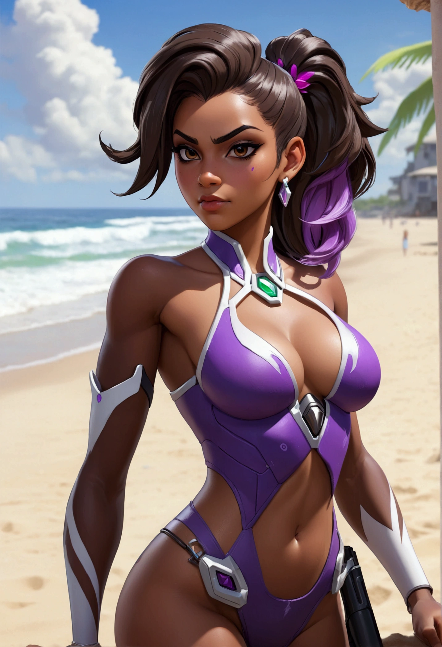 score_9, score_8_up, score_7_up, 1 girl, Pharah from overwatch, (dark skinned:1.2), naked, beach background, missionary sex with a (white boy cock:1.1).